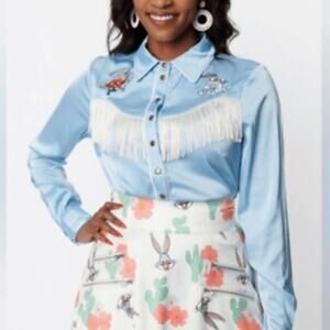 NWT Looney Tunes x Unique Vintage Light Blue Satin Fringe Western Top SZ 1X #124